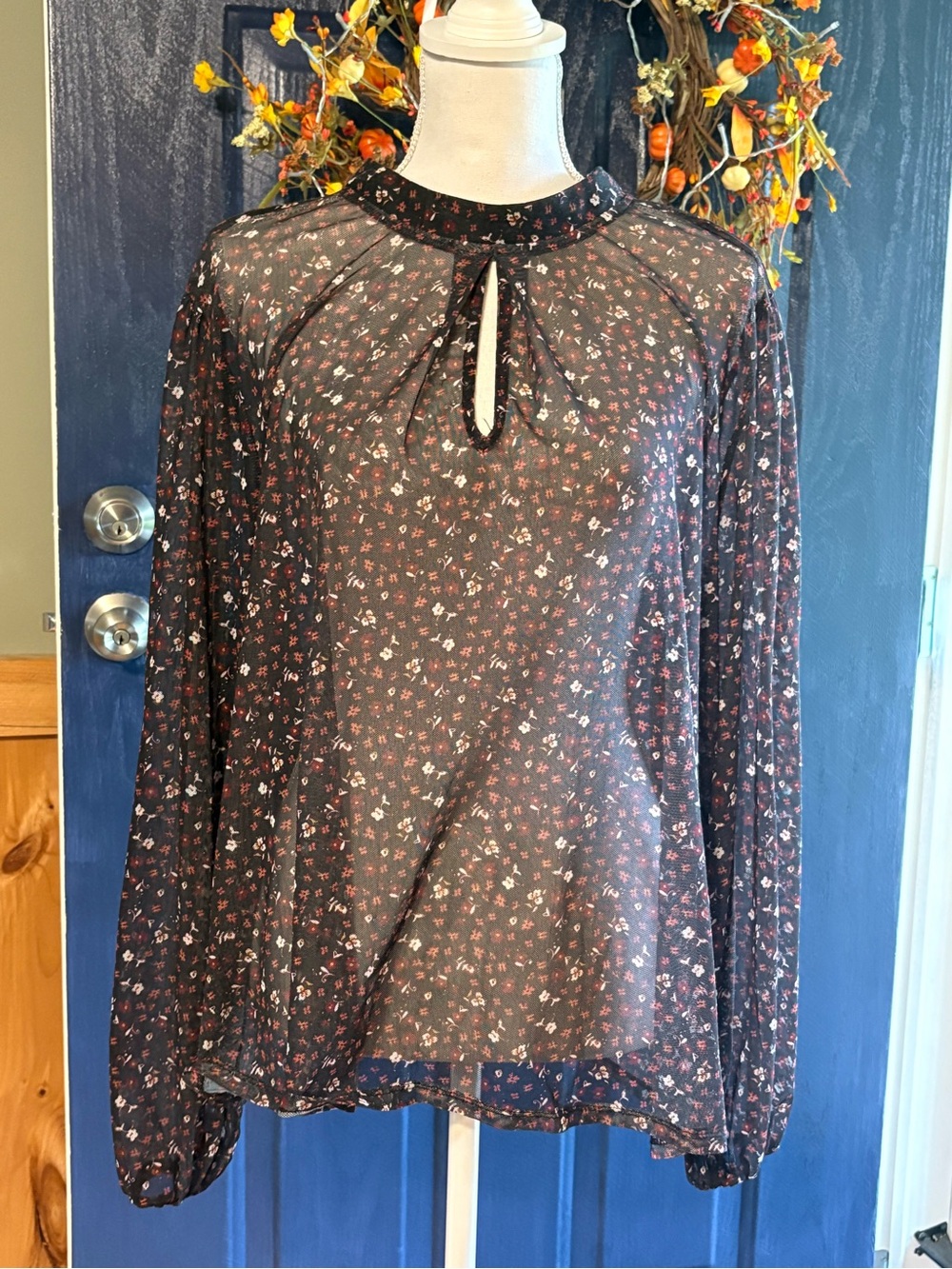 Hiatus Black Floral Keyhole Long-Sleeve Blouse - Sheer Lightweight Top size 2X